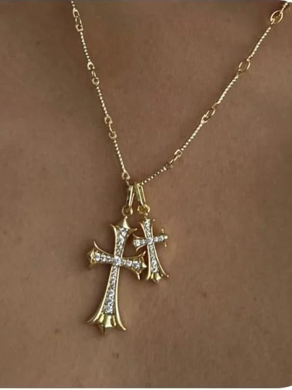 Gold Cross Pendant Necklace with Double Cross Charms